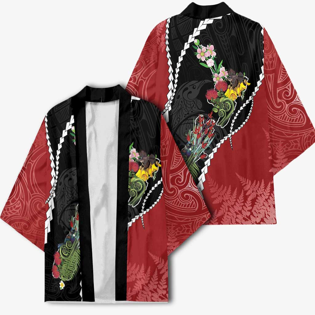 New Zealand Christmas Kimono Flora Map with Birds - Aussie Hoodie