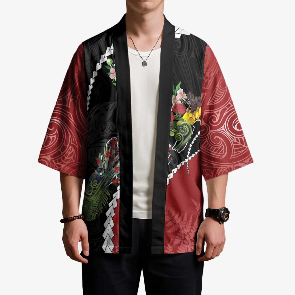 New Zealand Christmas Kimono Flora Map with Birds - Aussie Hoodie