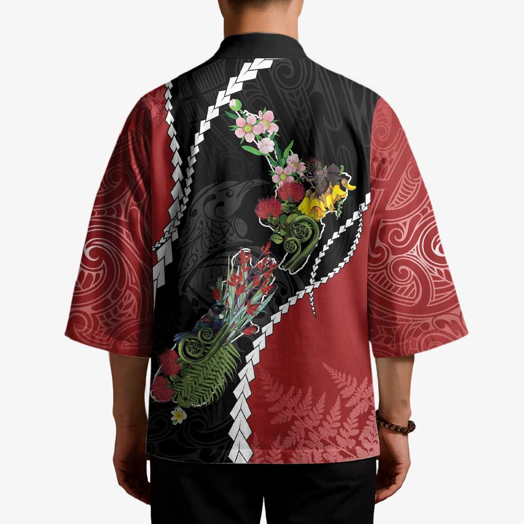New Zealand Christmas Kimono Flora Map with Birds - Aussie Hoodie