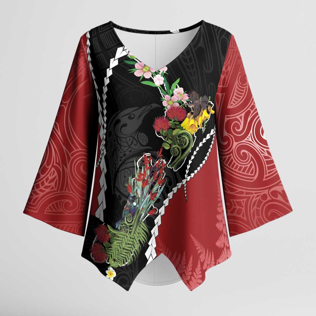 New Zealand Christmas Kimono Sleeve Blouse Flora Map with Birds - Aussie Hoodie