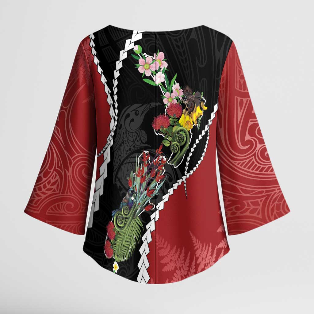 New Zealand Christmas Kimono Sleeve Blouse Flora Map with Birds - Aussie Hoodie