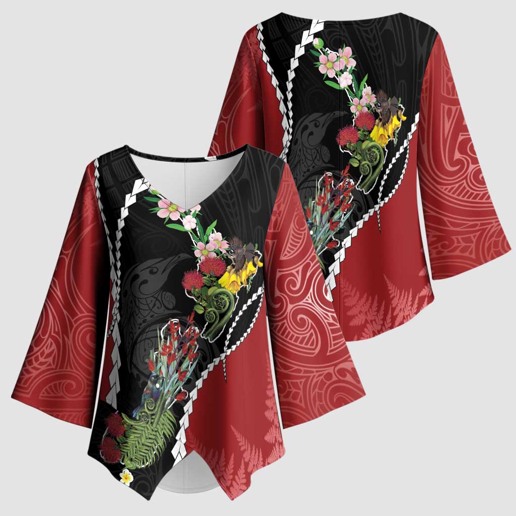 New Zealand Christmas Kimono Sleeve Blouse Flora Map with Birds - Aussie Hoodie