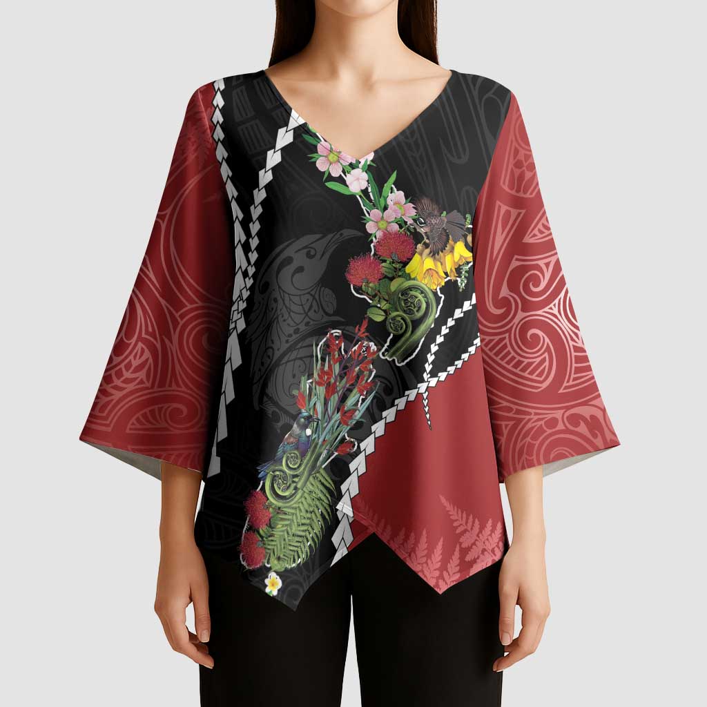 New Zealand Christmas Kimono Sleeve Blouse Flora Map with Birds - Aussie Hoodie