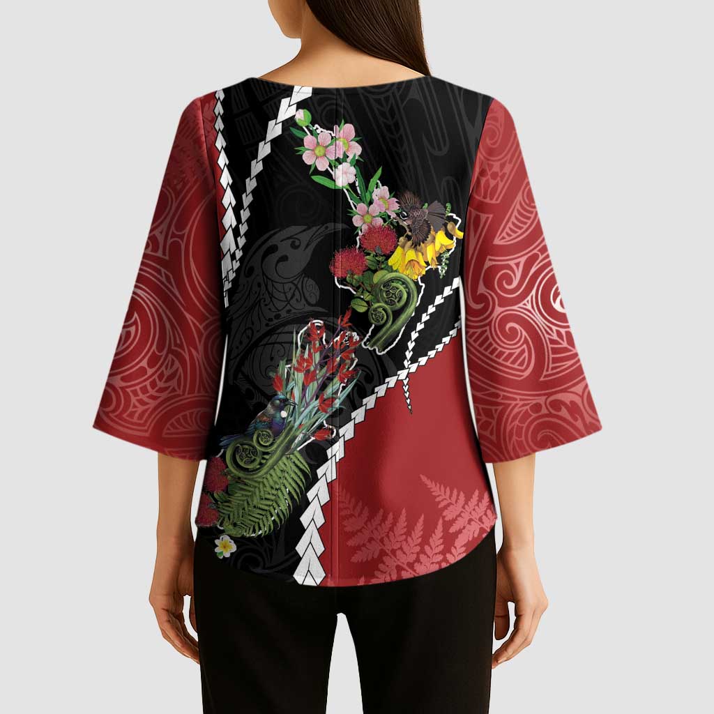 New Zealand Christmas Kimono Sleeve Blouse Flora Map with Birds - Aussie Hoodie