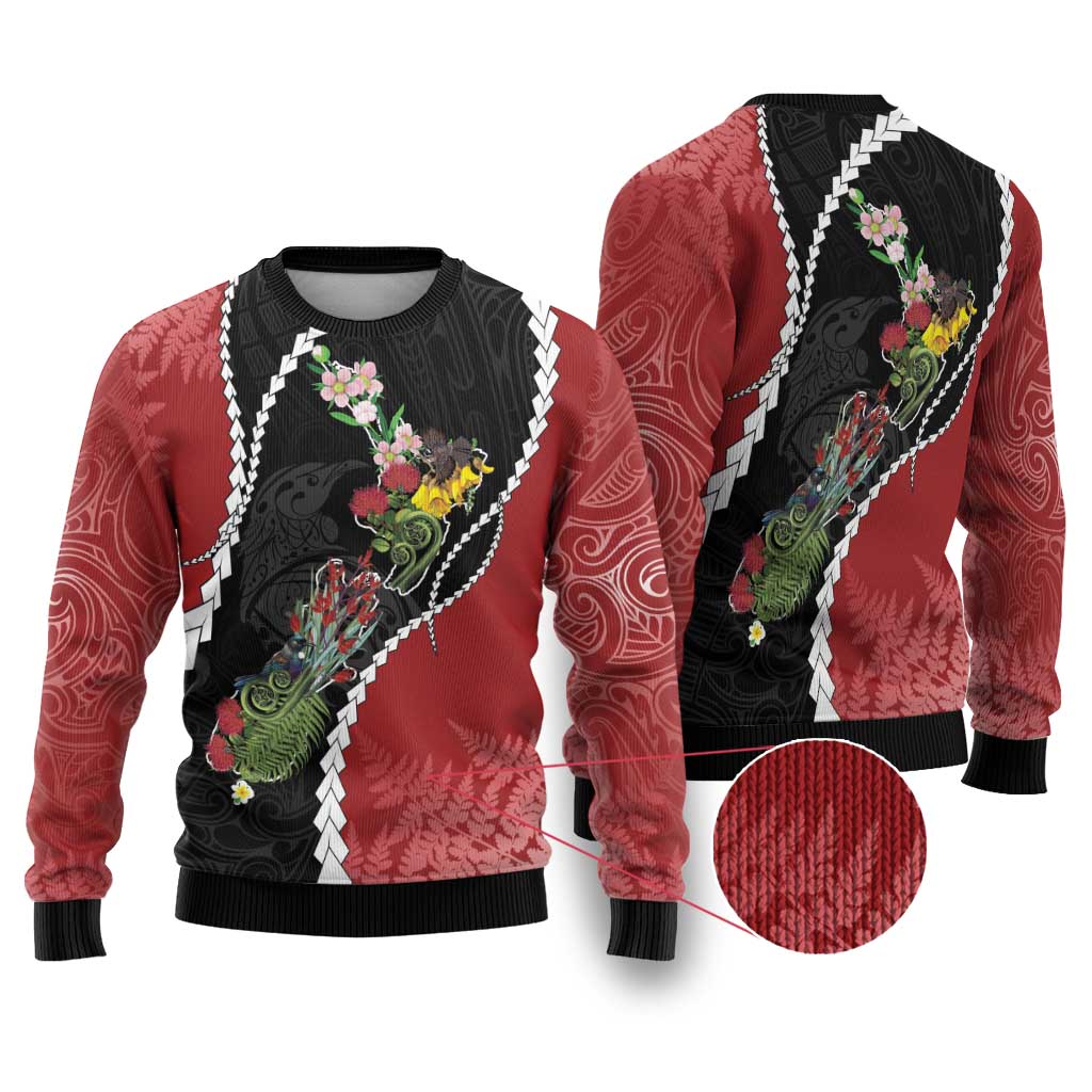 New Zealand Christmas Ugly Christmas Sweater Flora Map with Birds - Aussie Hoodie