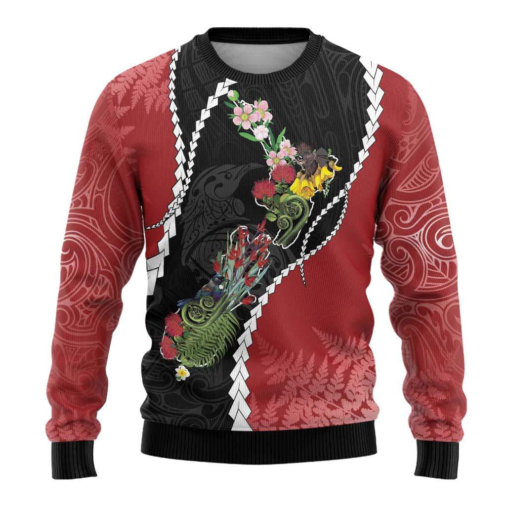 New Zealand Christmas Ugly Christmas Sweater Flora Map with Birds - Aussie Hoodie