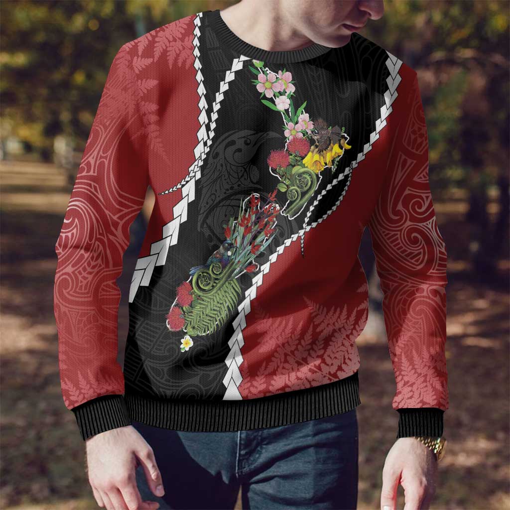 New Zealand Christmas Ugly Christmas Sweater Flora Map with Birds - Aussie Hoodie
