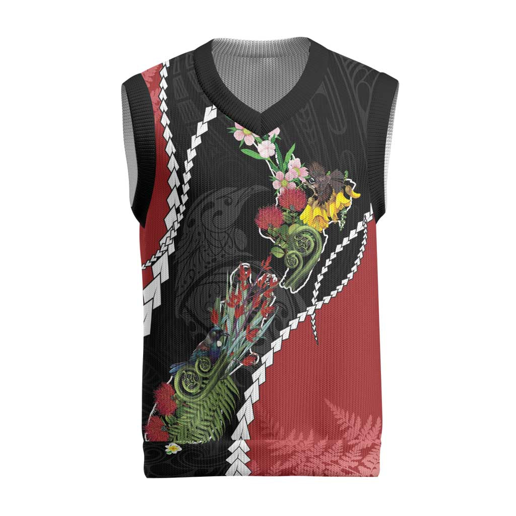New Zealand Christmas Knitted V-Neck Vest Flora Map with Birds - Aussie Hoodie