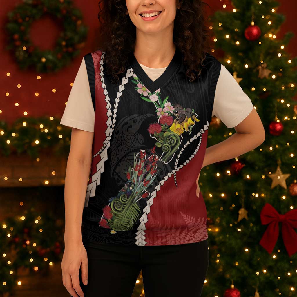 New Zealand Christmas Knitted V-Neck Vest Flora Map with Birds - Aussie Hoodie