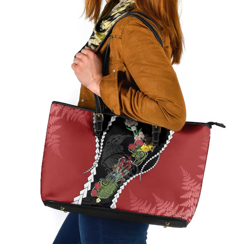 New Zealand Christmas Leather Tote Bag Flora Map with Birds - Aussie Hoodie