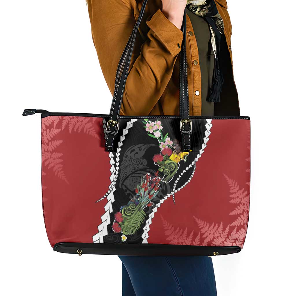 New Zealand Christmas Leather Tote Bag Flora Map with Birds - Aussie Hoodie