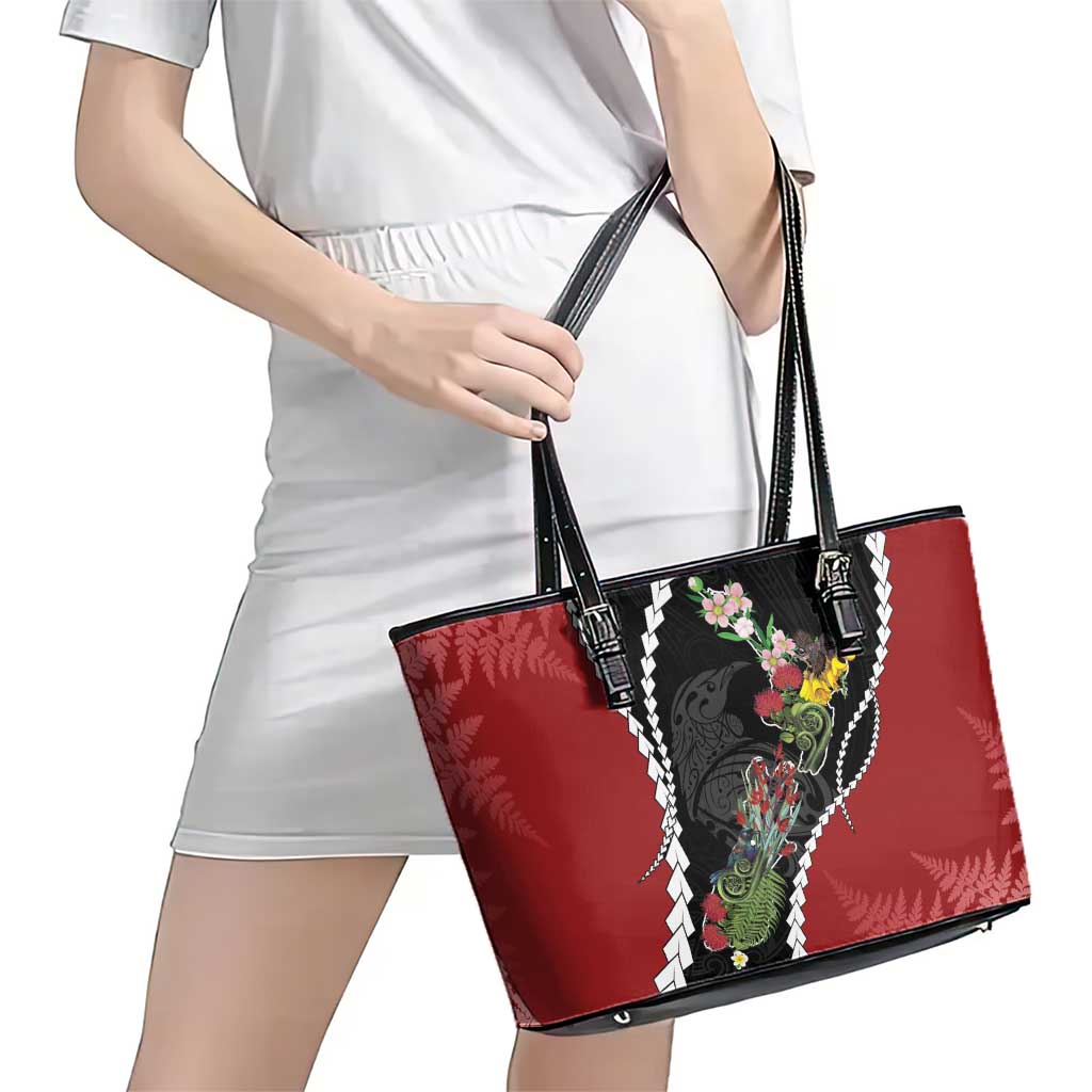 New Zealand Christmas Leather Tote Bag Flora Map with Birds - Aussie Hoodie