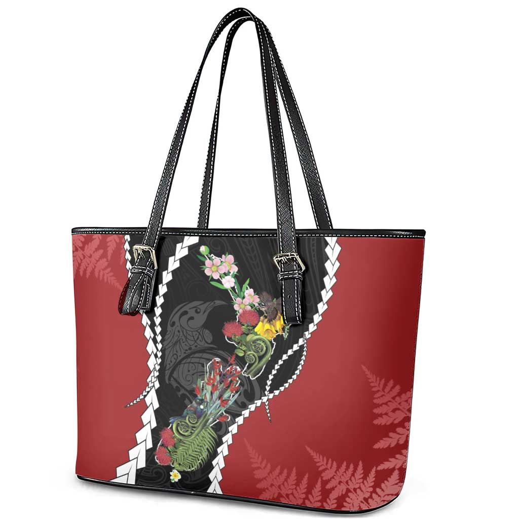 New Zealand Christmas Leather Tote Bag Flora Map with Birds - Aussie Hoodie