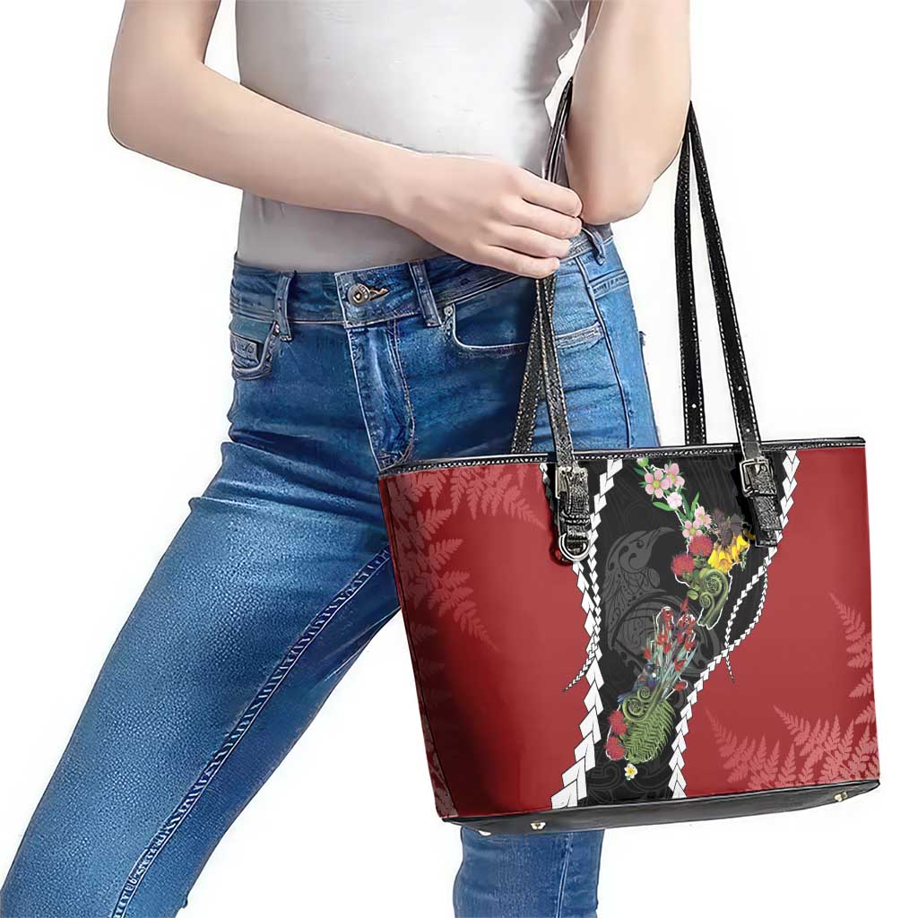 New Zealand Christmas Leather Tote Bag Flora Map with Birds - Aussie Hoodie