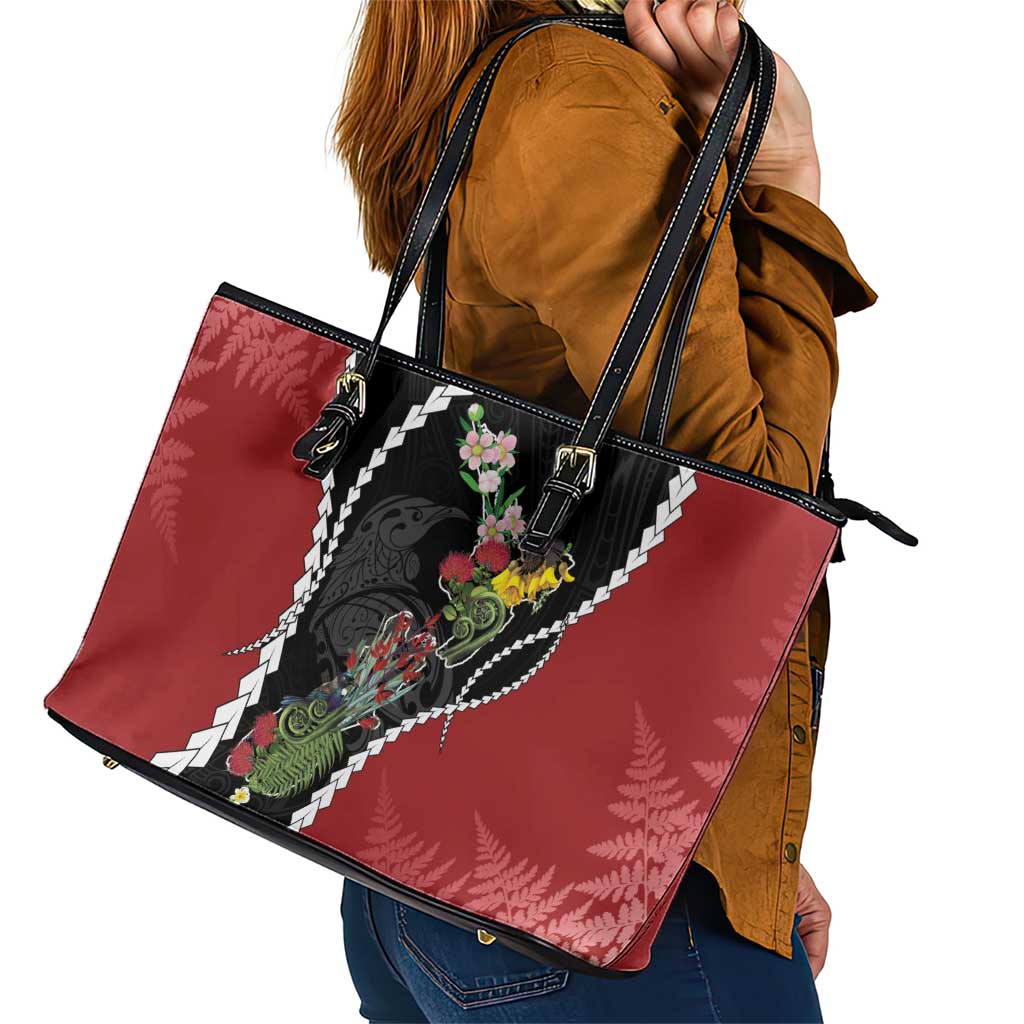 New Zealand Christmas Leather Tote Bag Flora Map with Birds - Aussie Hoodie
