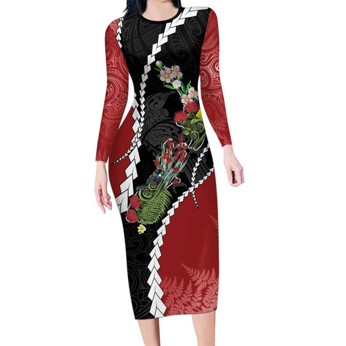 New Zealand Christmas Long Sleeve Bodycon Dress Flora Map with Birds - Aussie Hoodie