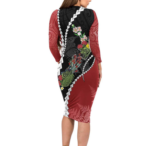 New Zealand Christmas Long Sleeve Bodycon Dress Flora Map with Birds - Aussie Hoodie