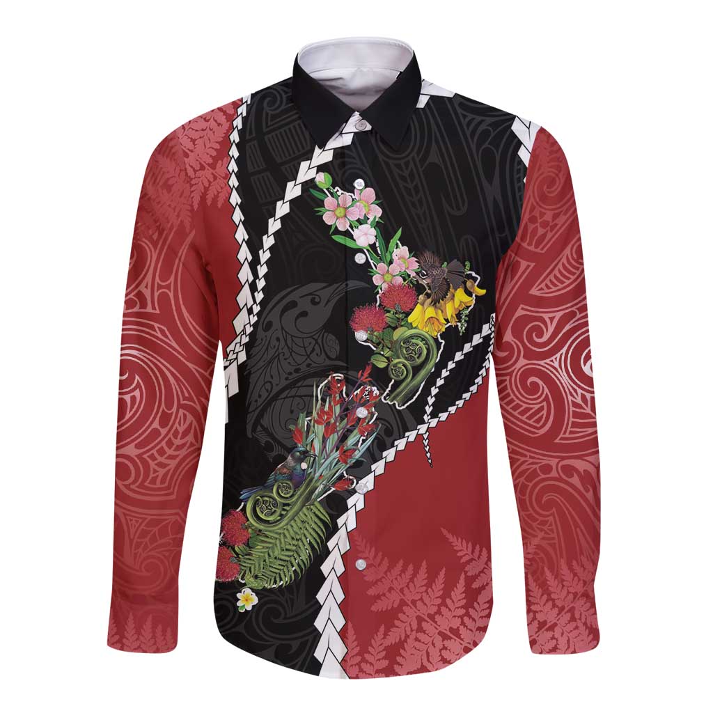 New Zealand Christmas Long Sleeve Button Shirt Flora Map with Birds - Aussie Hoodie