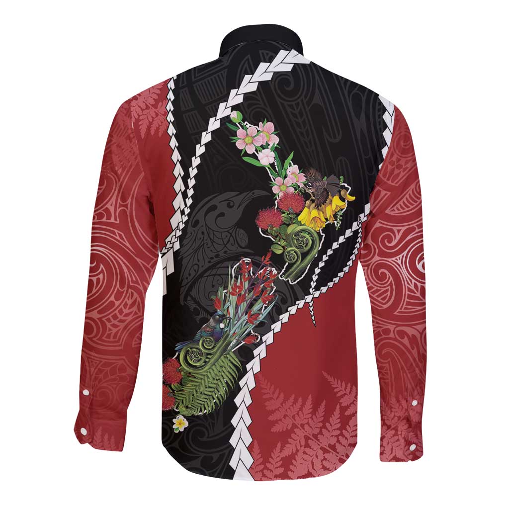 New Zealand Christmas Long Sleeve Button Shirt Flora Map with Birds - Aussie Hoodie