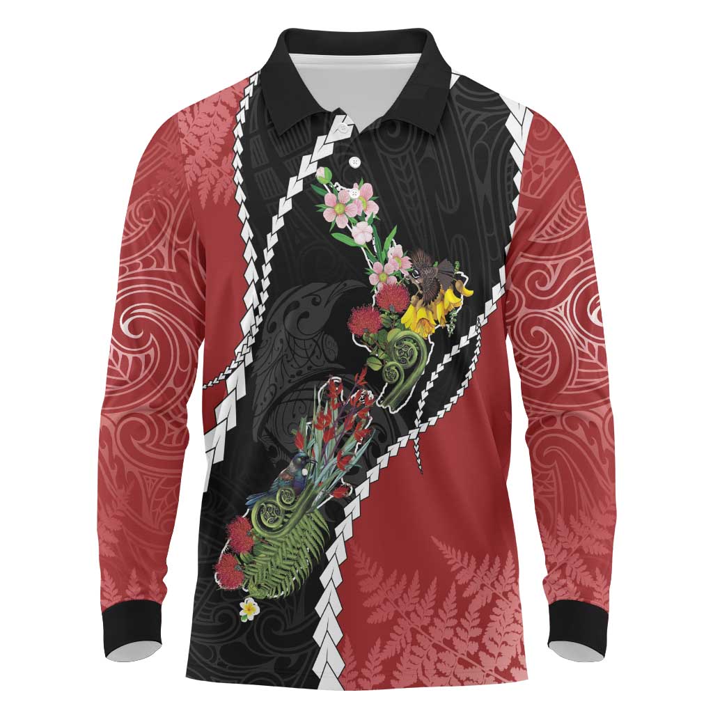 New Zealand Christmas Long Sleeve Polo Shirt Flora Map with Birds - Aussie Hoodie