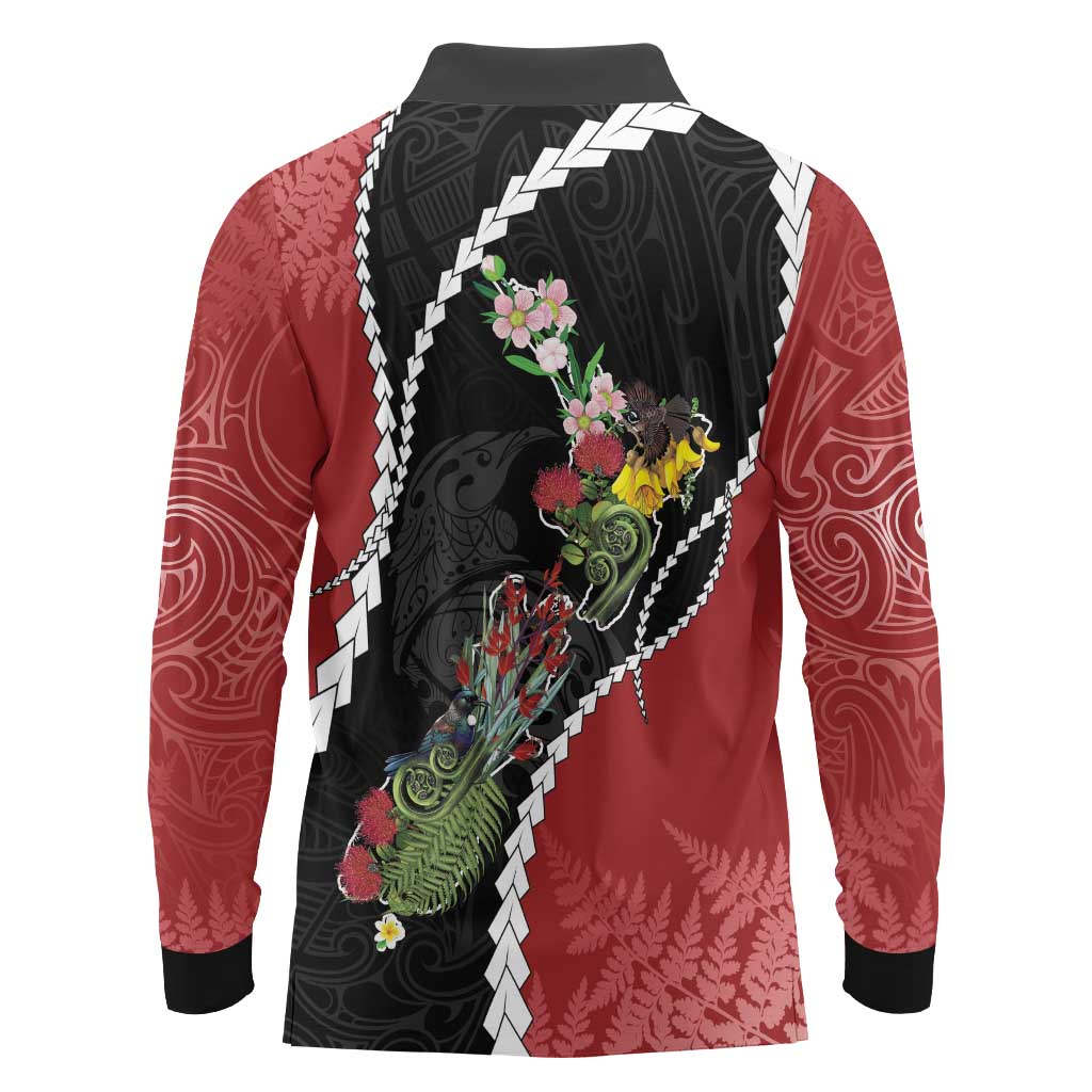 New Zealand Christmas Long Sleeve Polo Shirt Flora Map with Birds - Aussie Hoodie