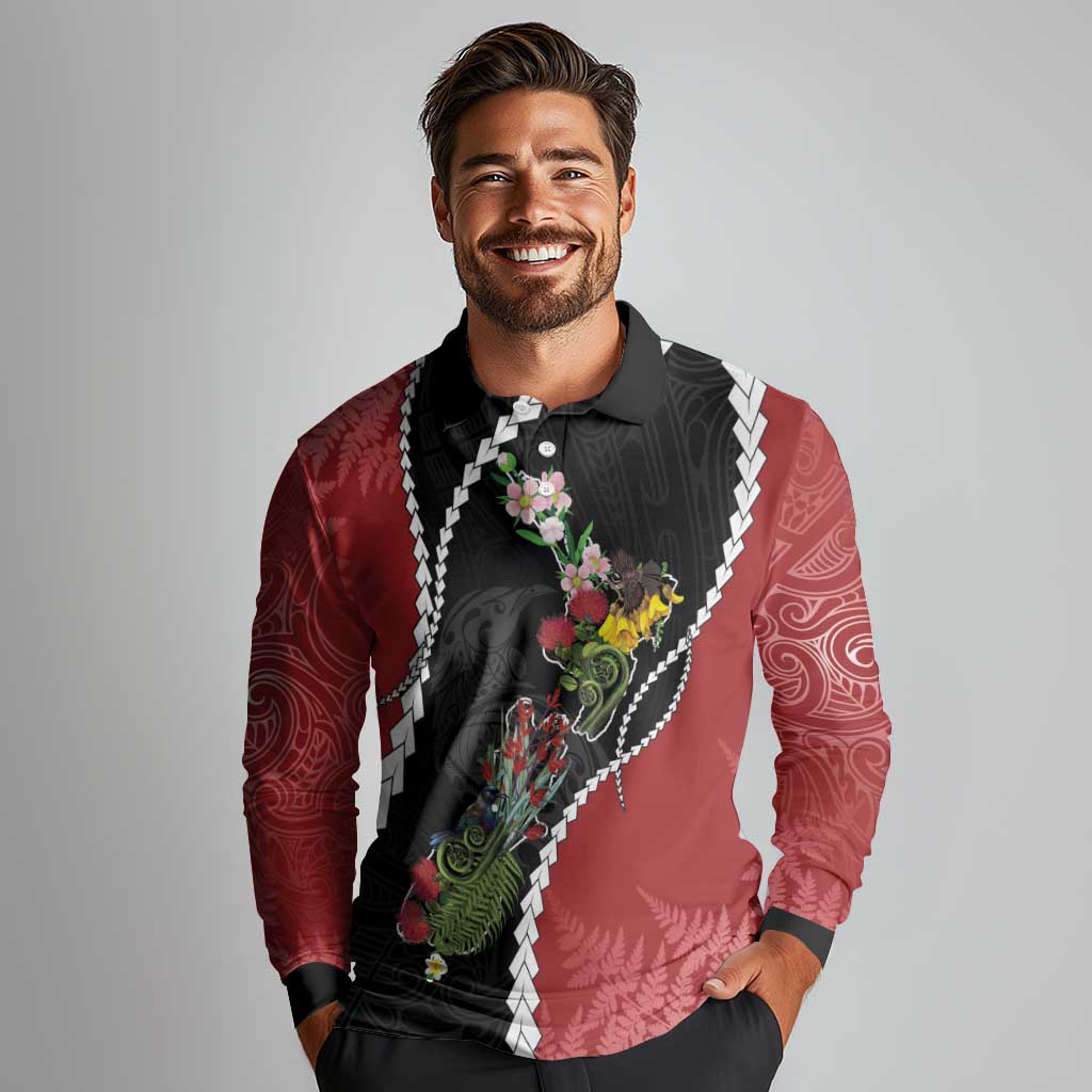 New Zealand Christmas Long Sleeve Polo Shirt Flora Map with Birds - Aussie Hoodie