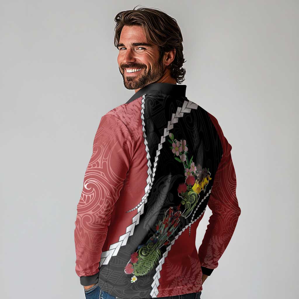 New Zealand Christmas Long Sleeve Polo Shirt Flora Map with Birds - Aussie Hoodie
