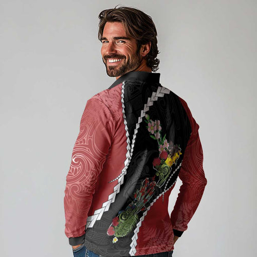 New Zealand Christmas Long Sleeve Polo Shirt Flora Map with Birds - Aussie Hoodie