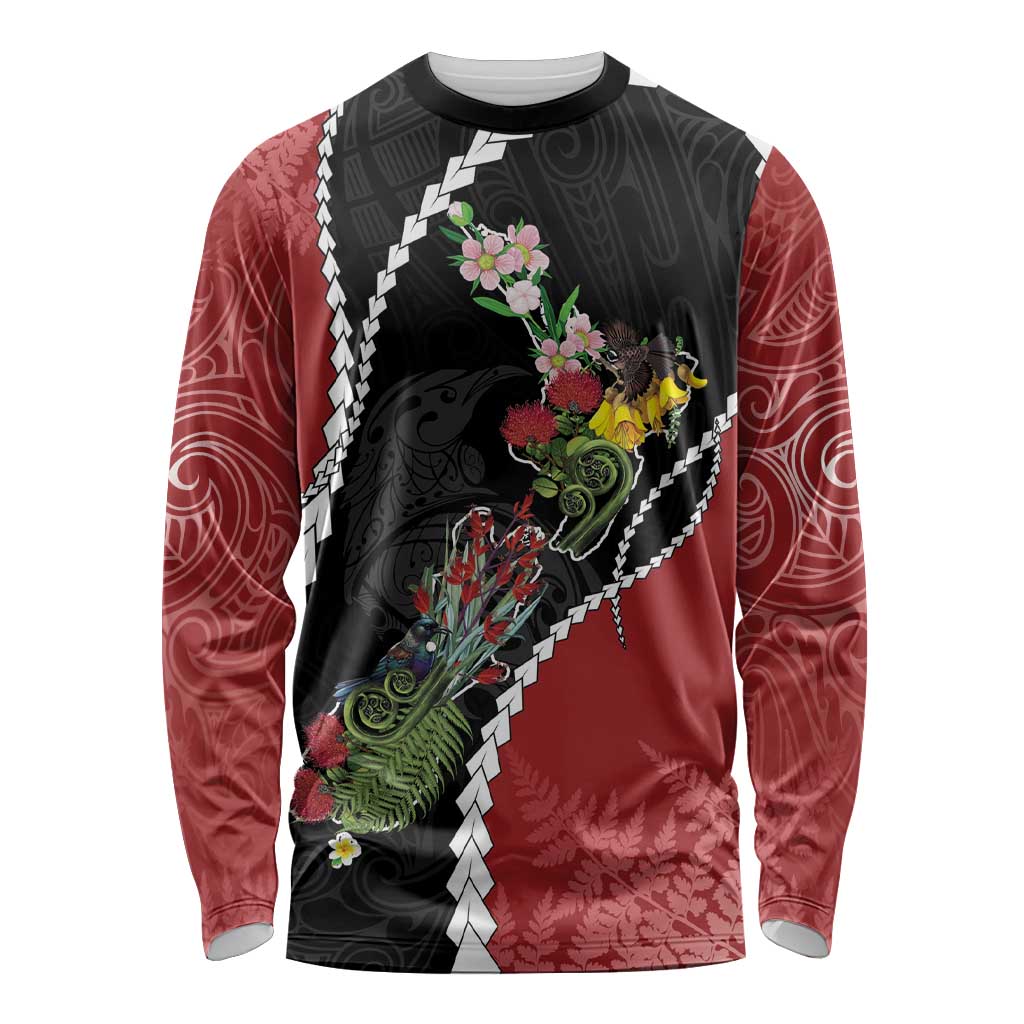 New Zealand Christmas Long Sleeve Shirt Flora Map with Birds - Aussie Hoodie