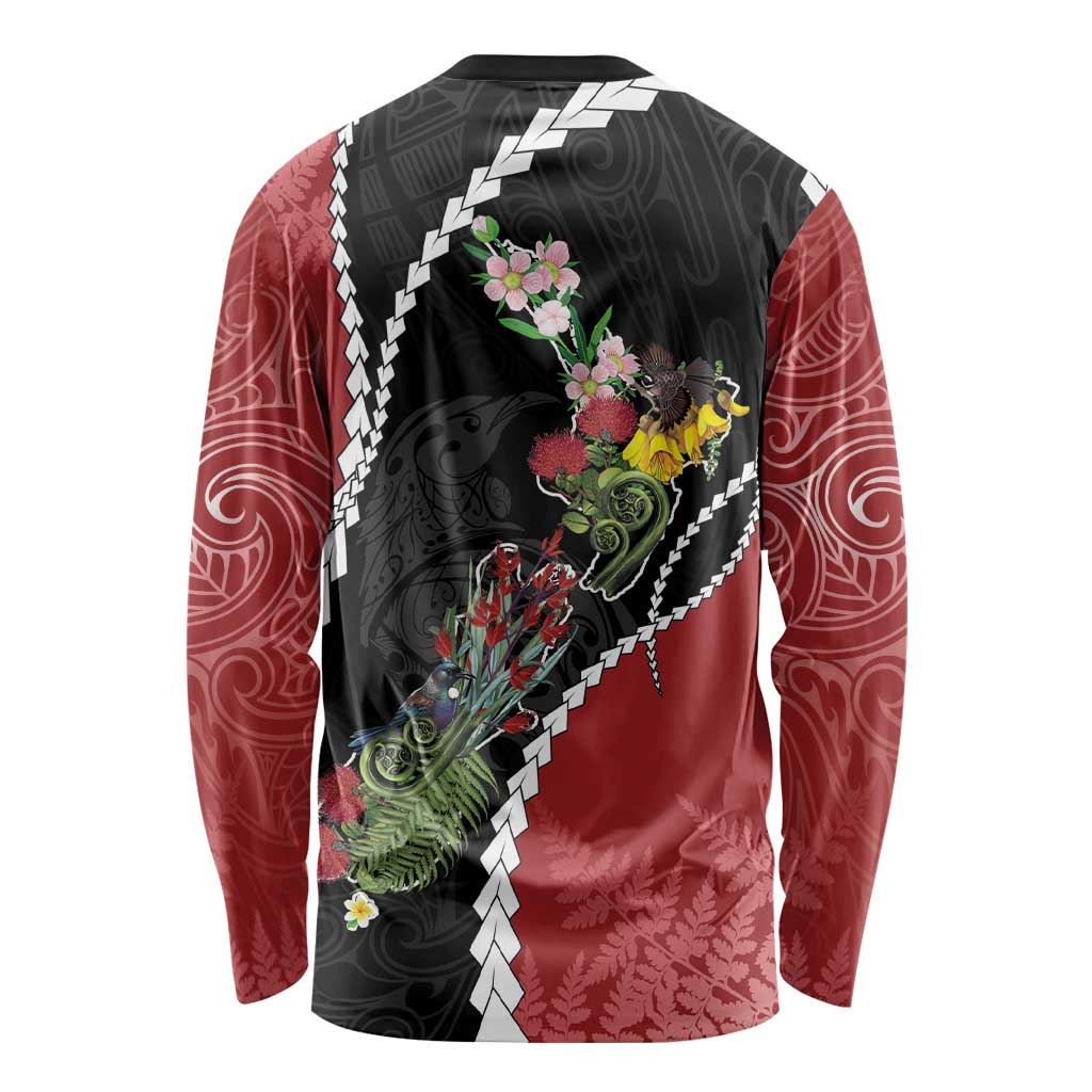 New Zealand Christmas Long Sleeve Shirt Flora Map with Birds - Aussie Hoodie