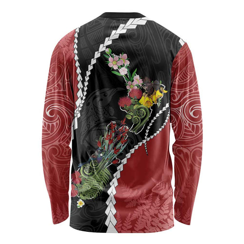 New Zealand Christmas Long Sleeve Shirt Flora Map with Birds - Aussie Hoodie