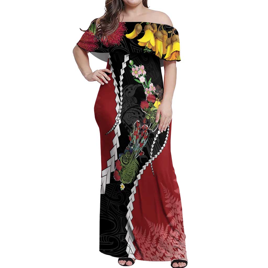 New Zealand Christmas Off Shoulder Maxi Dress Flora Map with Birds - Aussie Hoodie