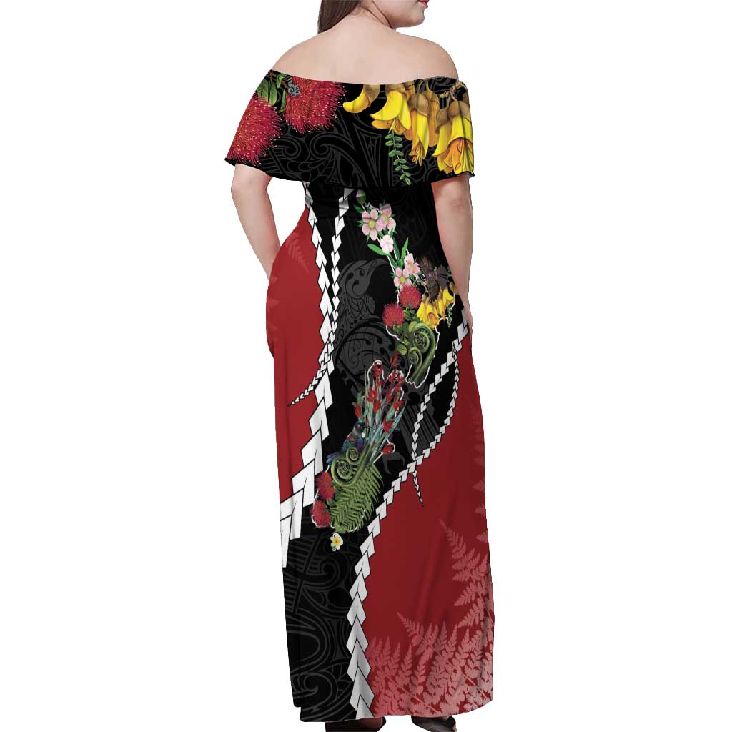 New Zealand Christmas Off Shoulder Maxi Dress Flora Map with Birds - Aussie Hoodie