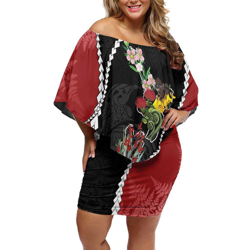 New Zealand Christmas Off Shoulder Short Dress Flora Map with Birds - Aussie Hoodie