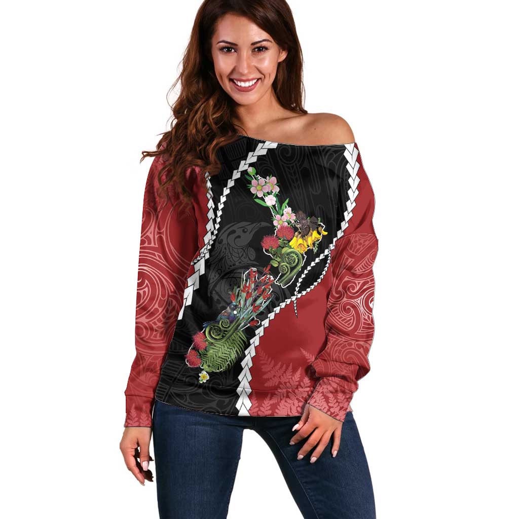 New Zealand Christmas Off Shoulder Sweater Flora Map with Birds - Aussie Hoodie