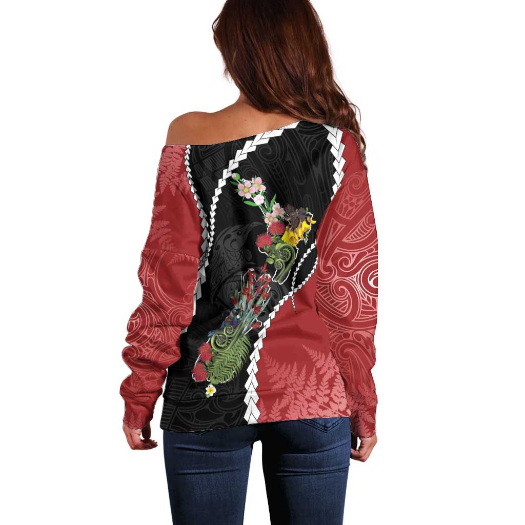 New Zealand Christmas Off Shoulder Sweater Flora Map with Birds - Aussie Hoodie
