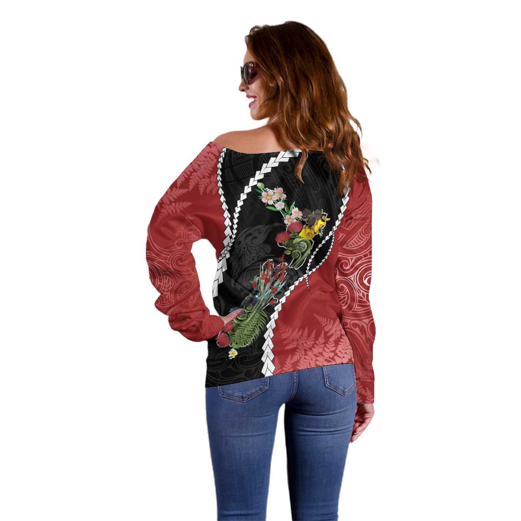New Zealand Christmas Off Shoulder Sweater Flora Map with Birds - Aussie Hoodie