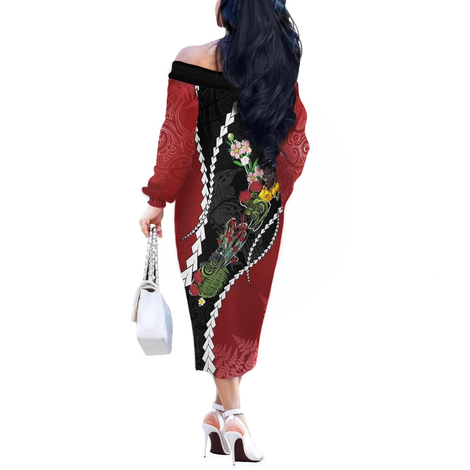 New Zealand Christmas Off The Shoulder Long Sleeve Dress Flora Map with Birds - Aussie Hoodie