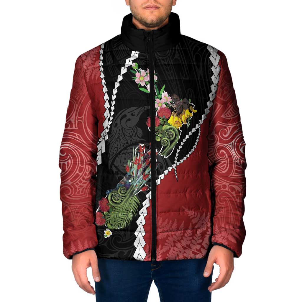 New Zealand Christmas Padded Jacket Flora Map with Birds - Aussie Hoodie