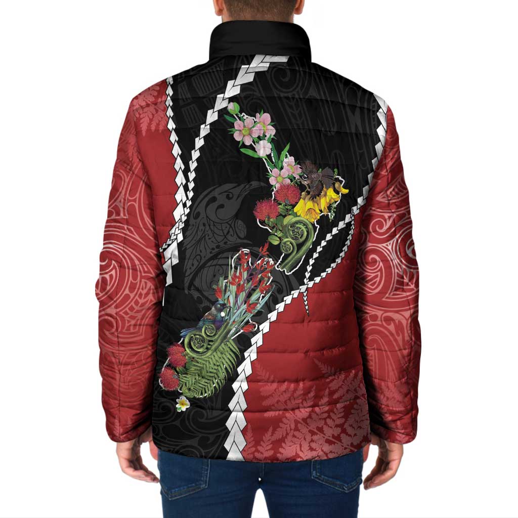 New Zealand Christmas Padded Jacket Flora Map with Birds - Aussie Hoodie