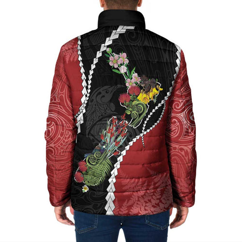 New Zealand Christmas Padded Jacket Flora Map with Birds - Aussie Hoodie