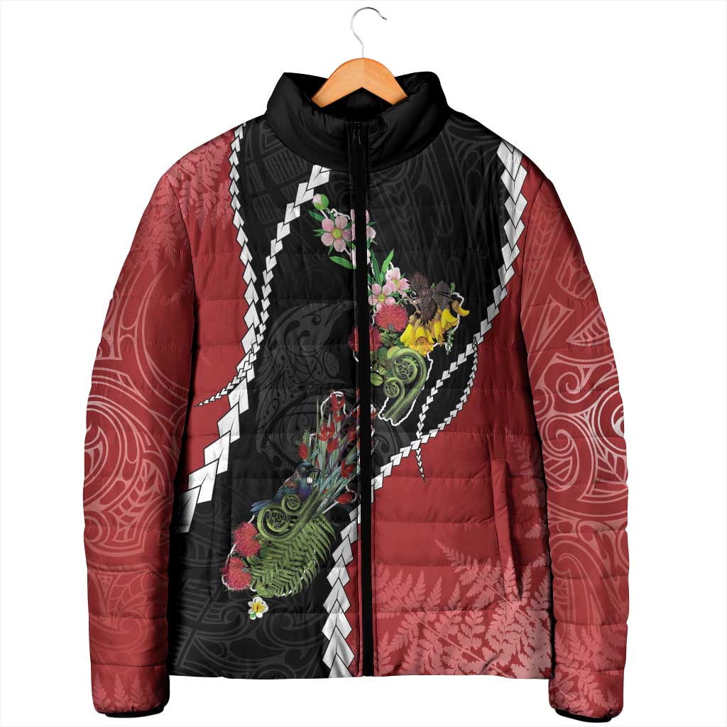 New Zealand Christmas Padded Jacket Flora Map with Birds - Aussie Hoodie