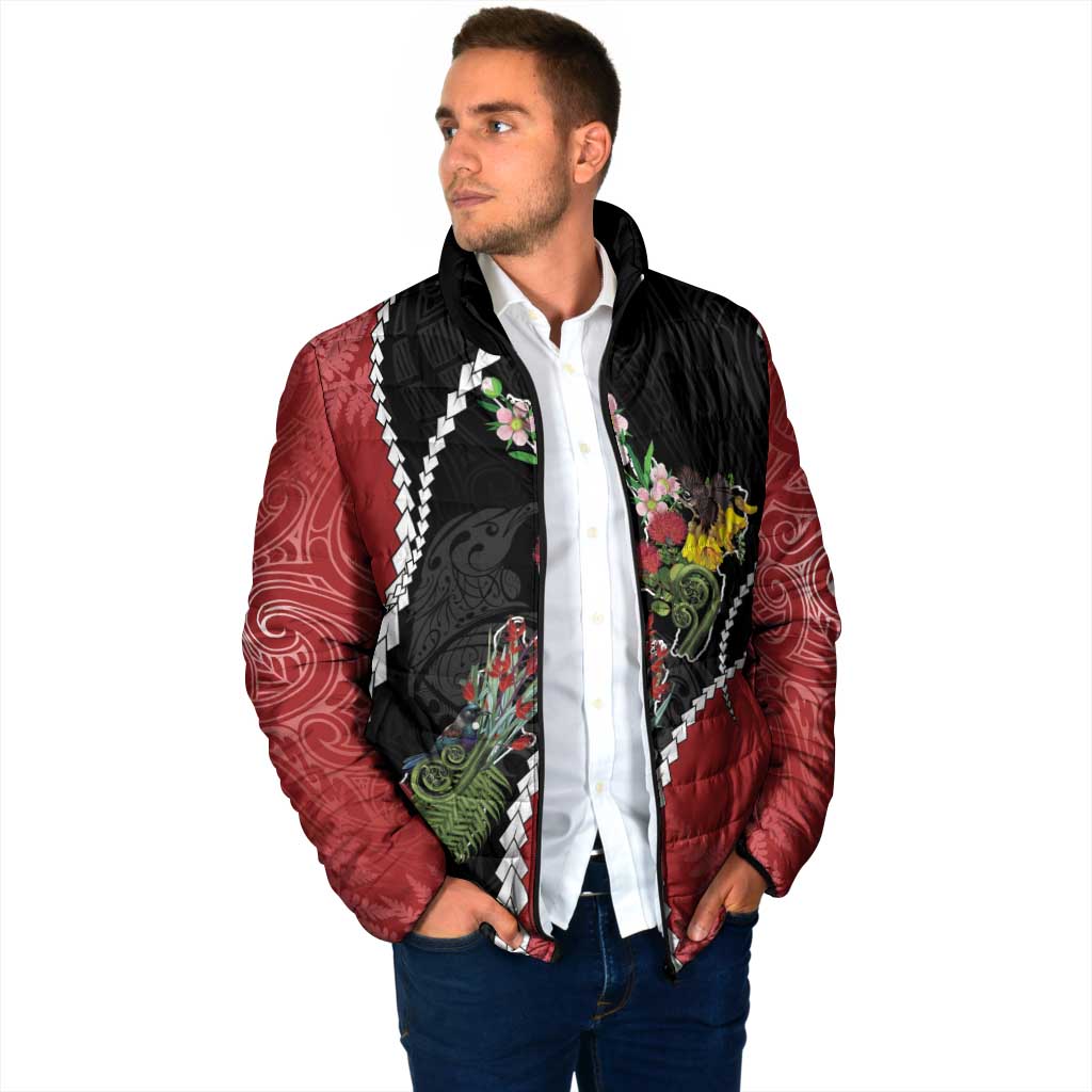 New Zealand Christmas Padded Jacket Flora Map with Birds - Aussie Hoodie