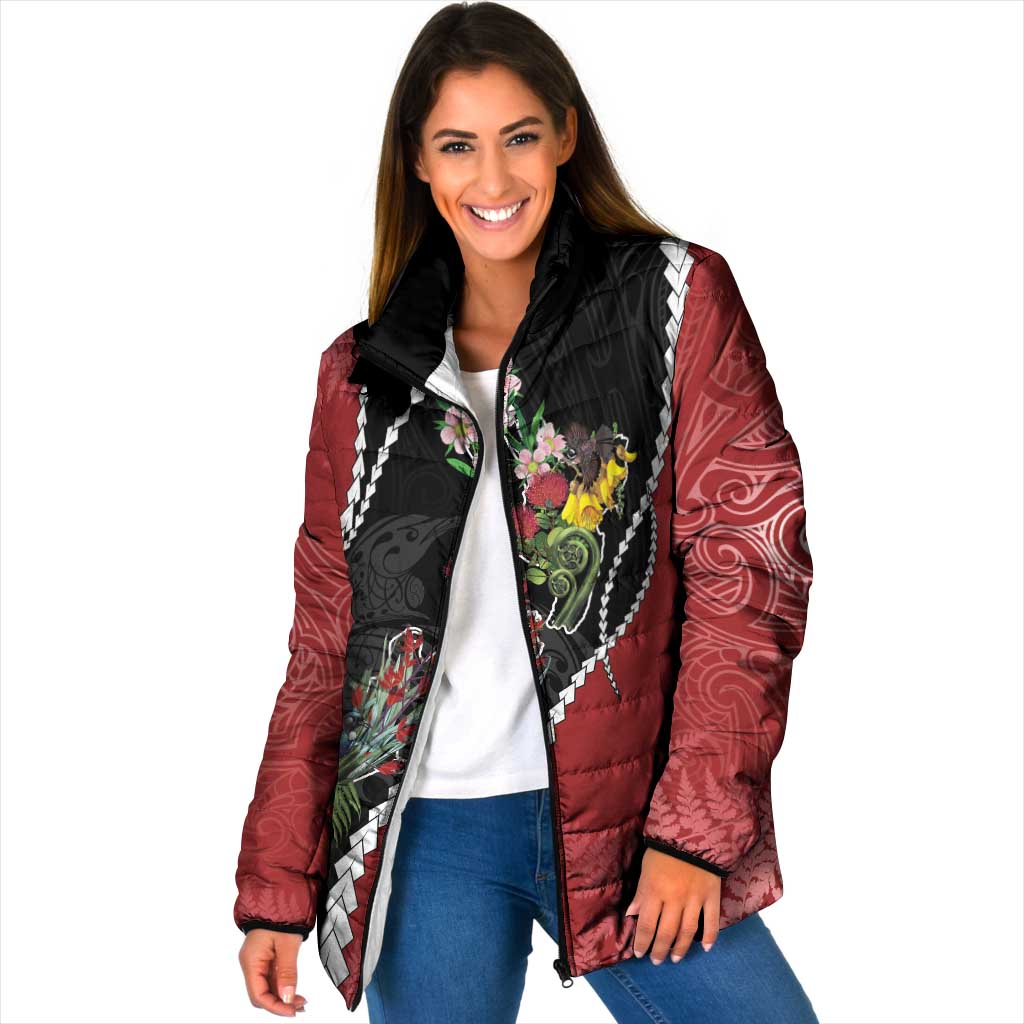 New Zealand Christmas Padded Jacket Flora Map with Birds - Aussie Hoodie