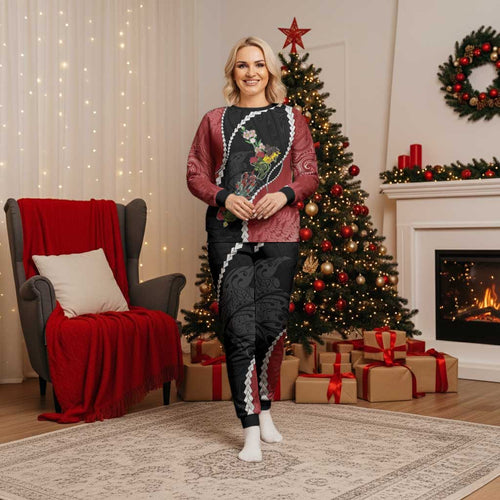 New Zealand Christmas Pajama Set Flora Map with Birds - Aussie Hoodie