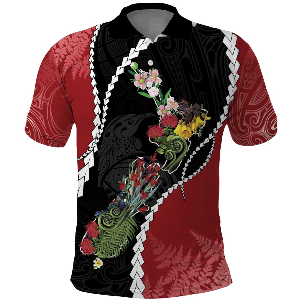 New Zealand Christmas Polo Shirt Flora Map with Birds - Aussie Hoodie