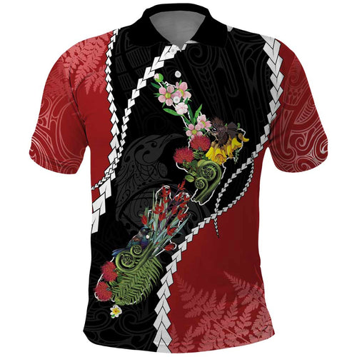 New Zealand Christmas Polo Shirt Flora Map with Birds - Aussie Hoodie