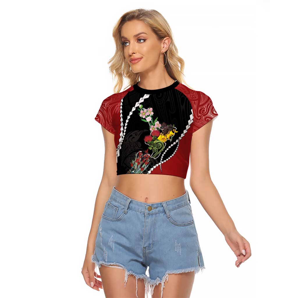 New Zealand Christmas Raglan Cropped T Shirt Flora Map with Birds - Aussie Hoodie