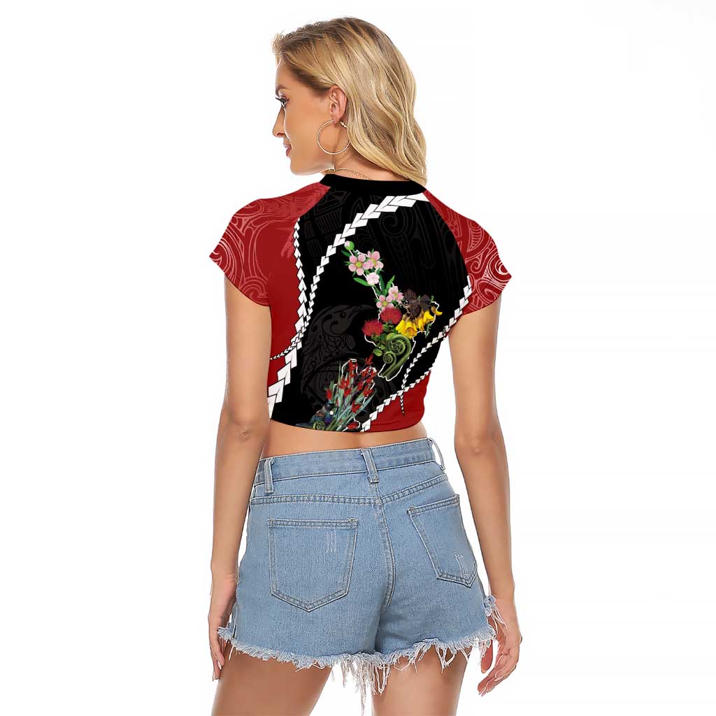 New Zealand Christmas Raglan Cropped T Shirt Flora Map with Birds - Aussie Hoodie