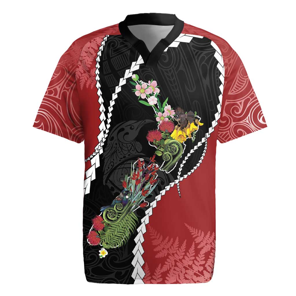 New Zealand Christmas Rugby Jersey Flora Map with Birds - Aussie Hoodie